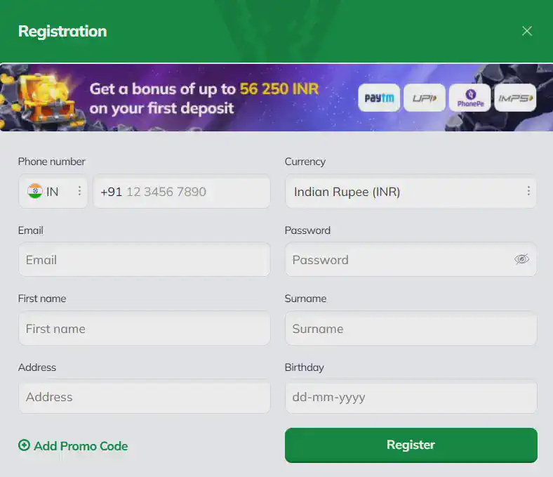 Valorbet registration form screenshot